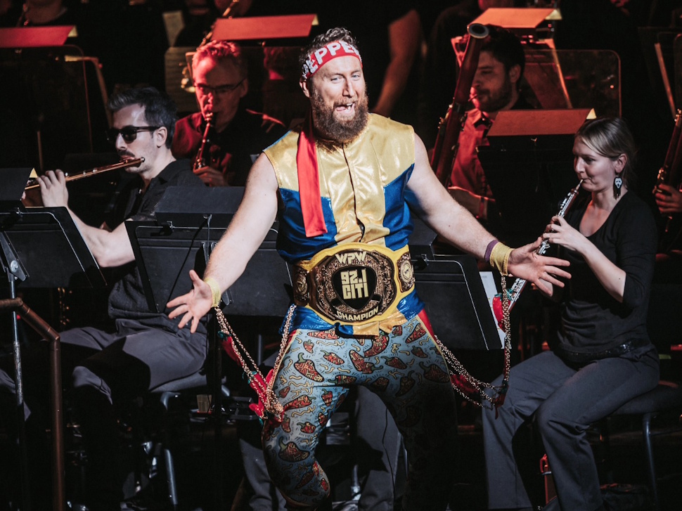 Local wrestler Sammy Peppers hits the high note at orchestra crossover event