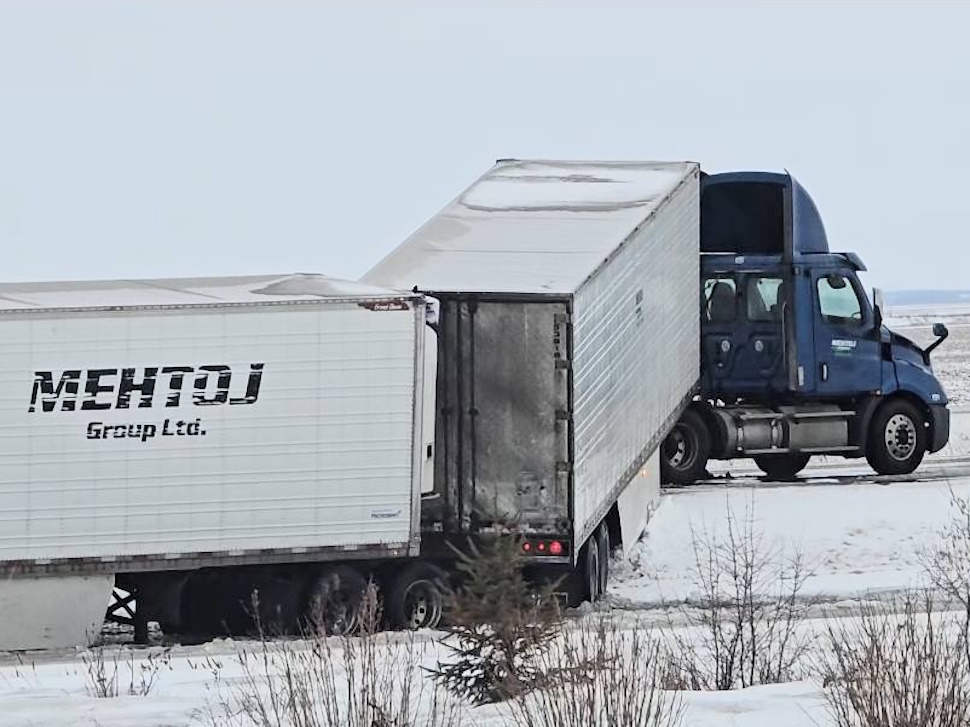 Semis slide off highway along Trans-Canada near Elie